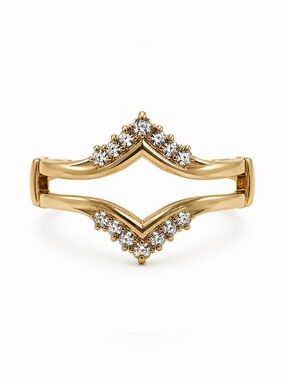 14K Solid Gold Natural Diamond Chevron Ring Enhancer / Wrap Guard, Size 6.5